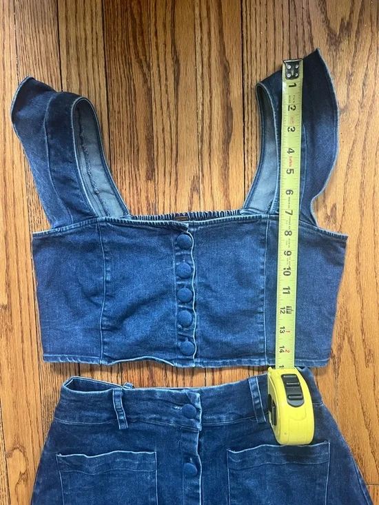Free People Denim Skirt & Top Set Indigo Womens Size S Buttons Ruffles Festival - Picture 8 of 9